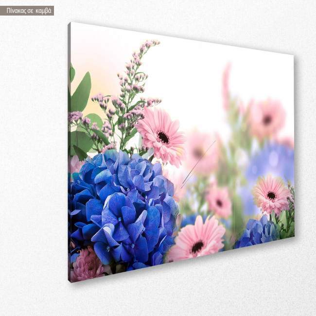 Canvas print Blue hortensias and pink margaritas, side