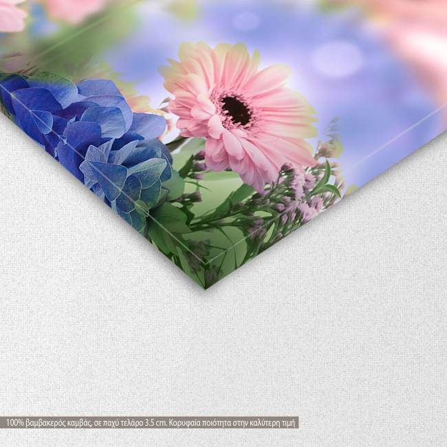 Canvas print Blue hortensias and pink margaritas, detail
