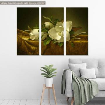 Canvas print Magnolias on Gold Velvet Cloth Martin Johnson Heade,  3 panels