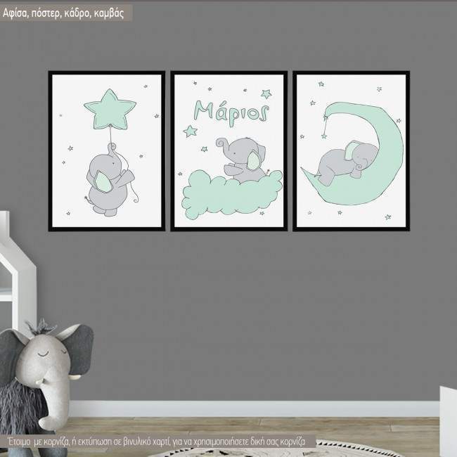 Kids canvas print Elephant,  3 panels