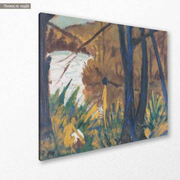 Canvas print Forest lake with two figures, Mueller O. 2