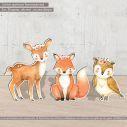 Wooden printed forest animals watercolor deer fox owl