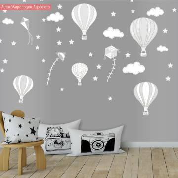 Αυτοκόλλητα τοίχου παιδικά αερόστατα, χαρταετοί και αστέρια, Balloons in the night sky gray theme, συλλογή