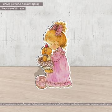 Wooden figure Girl with bear vintage