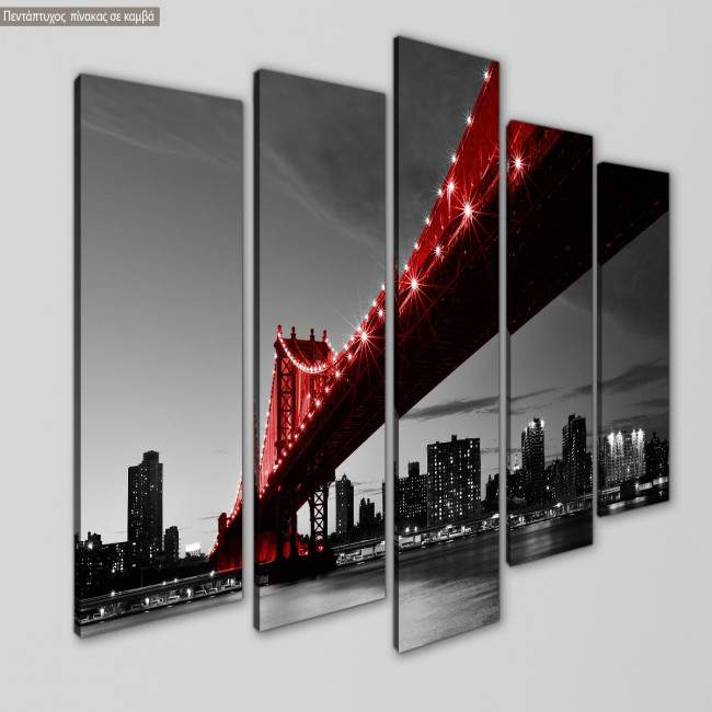 Πίνακας σε καμβά Red Manhattan bridge, πεντάπτυχος, κοντινό