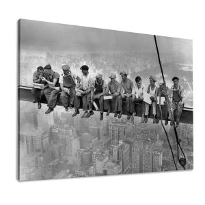 Canvas print Men at lunch, unframed, black & white photo of 11 workers on steel beam with city view. 2