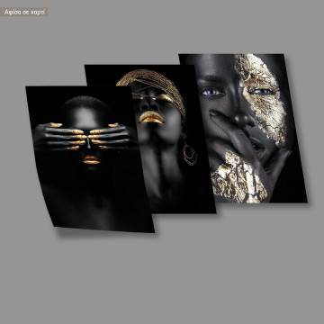 Golden faces,  κάδρο, μαύρη κορνίζα, τρίπτυχο 2