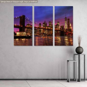 Canvas print Brooklyn bridge and Manhattan at sunset, 3 panels
