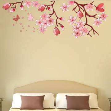 Αυτοκόλλητο τοίχου ροζ λουλούδια και πεταλούδες, ανθισμένα κλαδιά. Blossomed branch