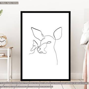 Animals line art, deer with butterfly, κάδρο, μαύρη κορνίζα