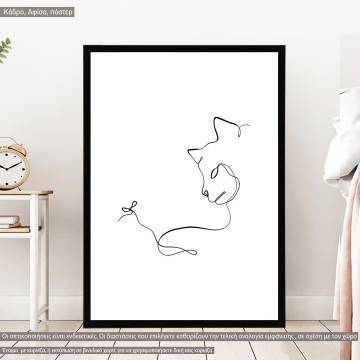Animals line art, cat with mouse, κάδρο, μαύρη κορνίζα