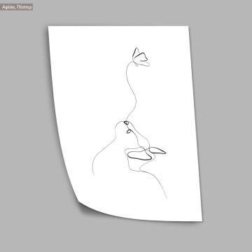 Animals line art, cat with butterfly, κάδρο, μαύρη κορνίζα 2