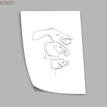 Animals line art, elephant family, κάδρο, μαύρη κορνίζα 2