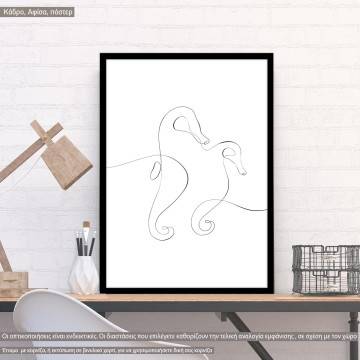Animals line art, seahorses, κάδρο, μαύρη κορνίζα
