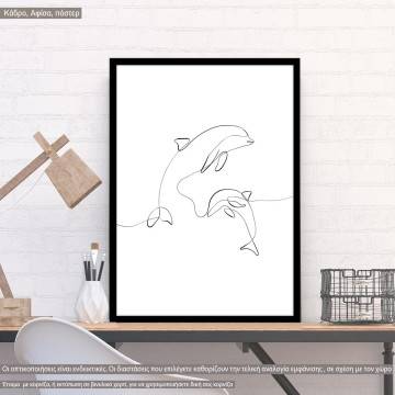 Animals line art, dolphins, κάδρο, μαύρη κορνίζα