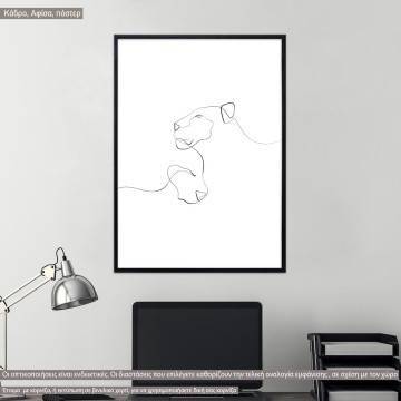 Animals line art, lioness and cub, κάδρο, μαύρη κορνίζα