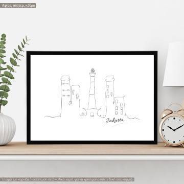 Cityscape line art Jakarta, κάδρο, μαύρη κορνίζα