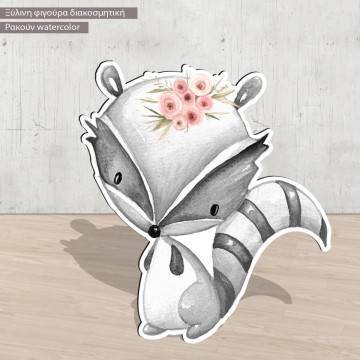 Wooden figure printed Little racoon clipart watercolor