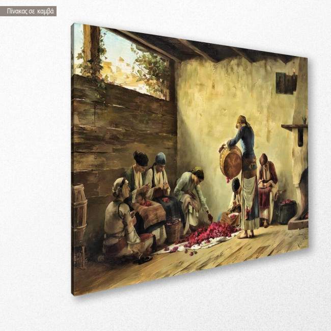 Canvas print Women prepare rose petal preserves in Megara, Rallis