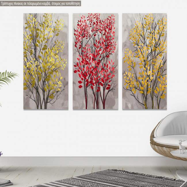 Πίνακας σε καμβά Φθινοπωρινά δέντρα ζωγραφισμένα, τρίπτυχος