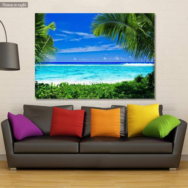 Πίνακας σε καμβά τροπική παραλία, Palm framed  tropical beach