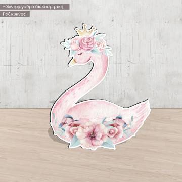 Κύκνος ροζ ζωγραφιστός με λουλούδια, ξύλινη φιγούρα εκτυπωμένη