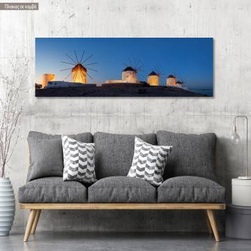 Canvas print Mykonos windmills by night, panoramic