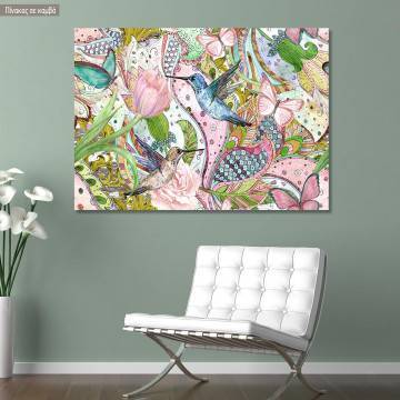 Canvas print Flowers, hummingbirds and butterflies