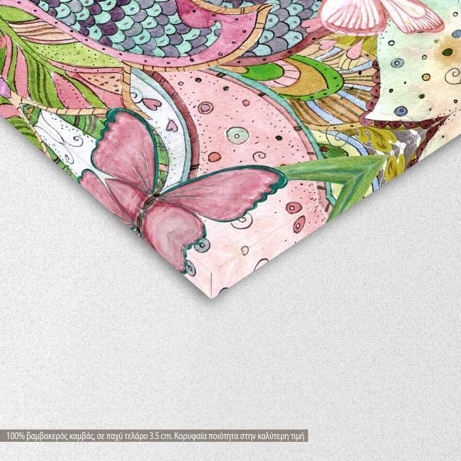 Canvas print Flowers, hummingbirds and butterflies