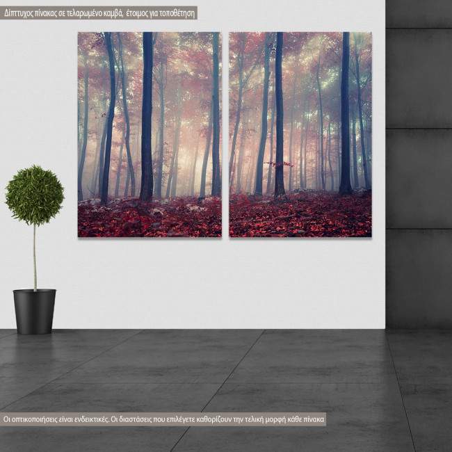 Canvas print Foggy autumn day into the forest, two panels