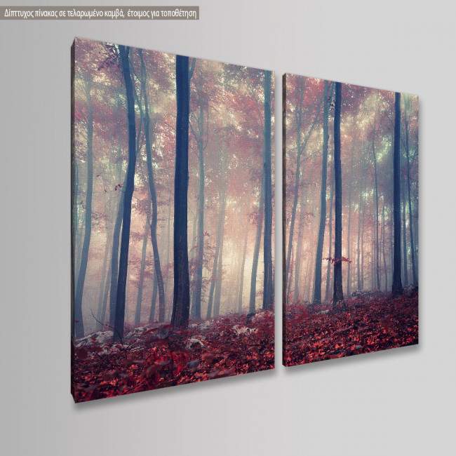 Canvas print Foggy autumn day into the forest, two panels