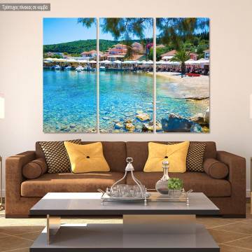 Πίνακας σε καμβά Λευκάδα, Seaport and beach in Lefkada island, τρίπτυχος
