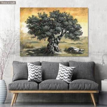 Olive tree painting on stretched canvas, golden sky landscape, modern living room decor.