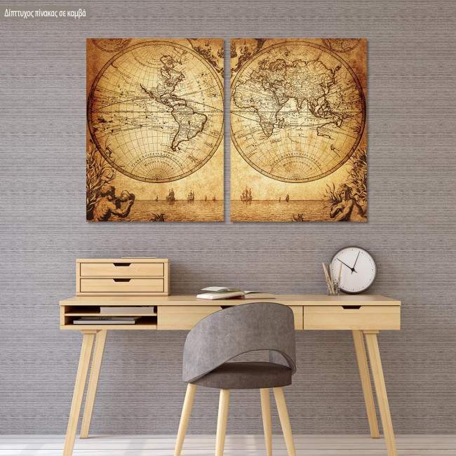 Canvas print Vintage world map 1733, two panels