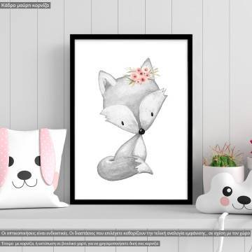 Αλεπουδάκι gray pink watercolor, κάδρο, μαύρη κορνίζα