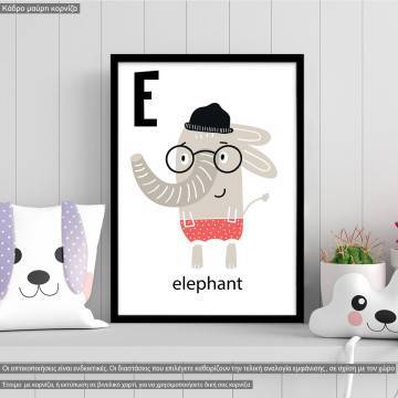 E elephant, Αλφάβητο Αγγλικό, κάδρο, μαύρη κορνίζα