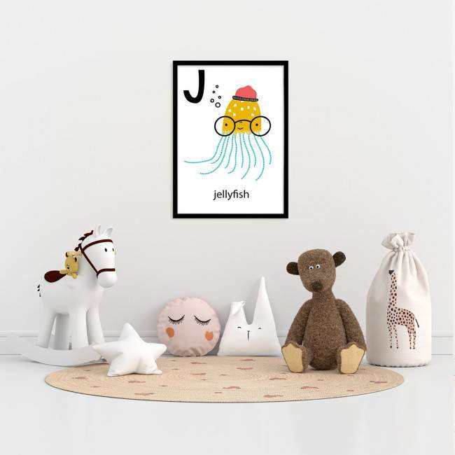 J jellyfish , Αλφάβητο Αγγλικό, αφίσα, πόστερ, διαθέσιμη και σε πίνακα σε καμβά, κάδρο μαύρη κορνίζα, λευκή κορνίζα, ξύλινη κορνίζα