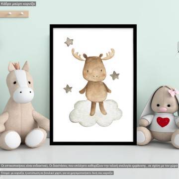 Baby moose watercolor, κάδρο, μαύρη κορνίζα