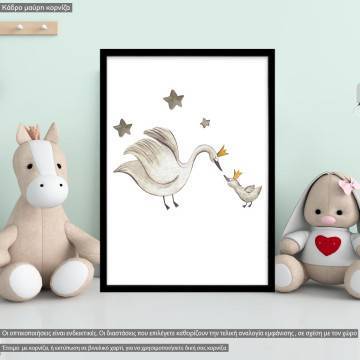 Baby swan watercolor, κάδρο, μαύρη κορνίζα