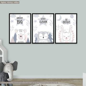 Kids canvas print Dream Big, bear, owl,3 panels