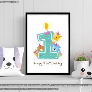 Happy First Birthday candle and animals
