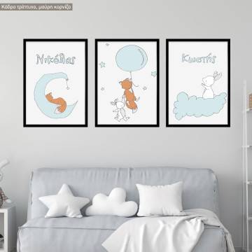 Canvas print Little brothers in the stars, with a fox and a bunny, 3 panels