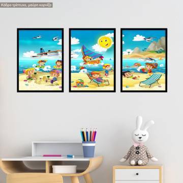Kids Playing at the beach, canvas print 3 panels
