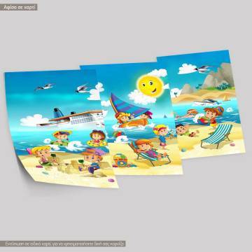 Kids Playing at the beach, canvas print 3 panels 2