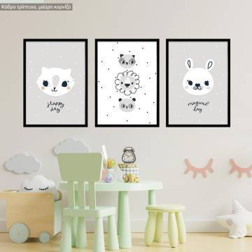 Νεογέννητα Ζωάκια, κάδρο, μαύρη κορνίζα τρίπτυχο