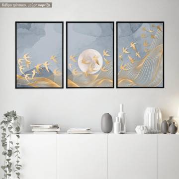 Golden abstract lines and birds 3 panels