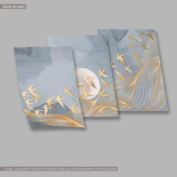 Golden abstract lines and birds 3 panels 2