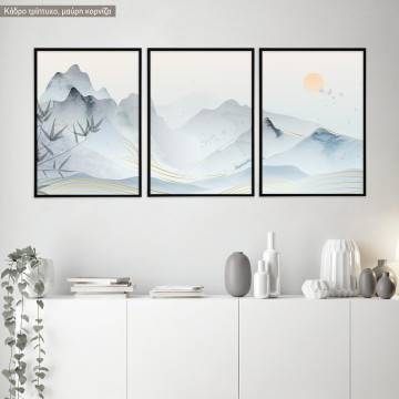 Mountains gold lines texture, κάδρο, μαύρη κορνίζα τρίπτυχο