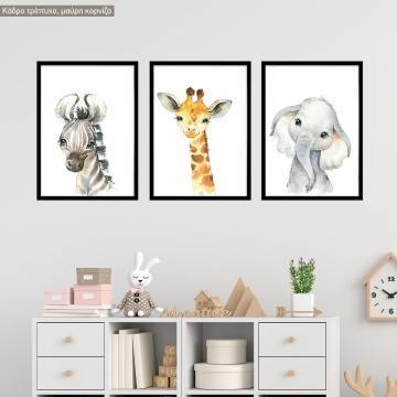 Little Africa, Zebra, giraffe, elefant poster, 3 panels