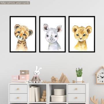 Little Africa, Little tiger, Rhino, Lion, 3 panels